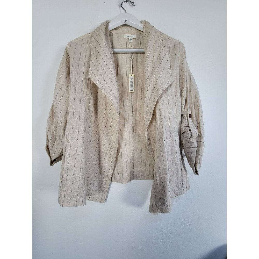 Max Studio Womens Striped Linen-Blend Open Front Jacket Large Ivory New $118